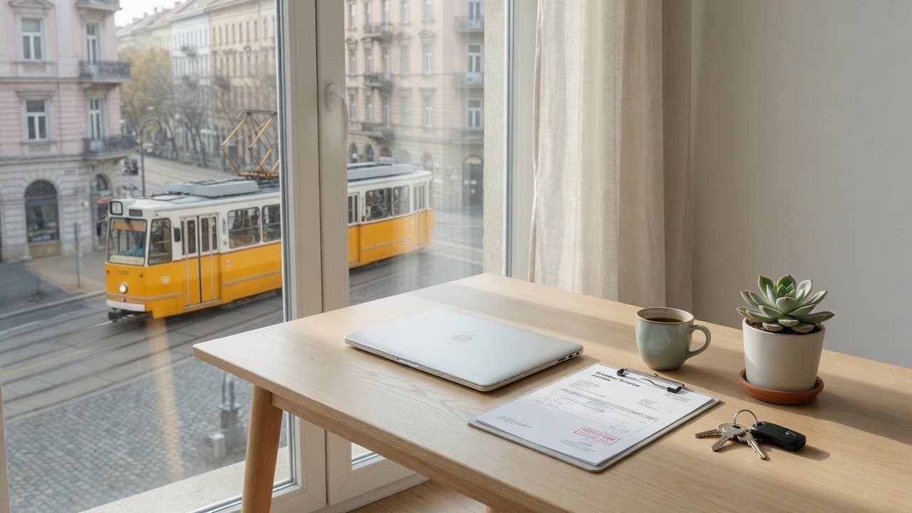 Modern irodaablak: zárt laptop, számla, succulent és sárga villamos